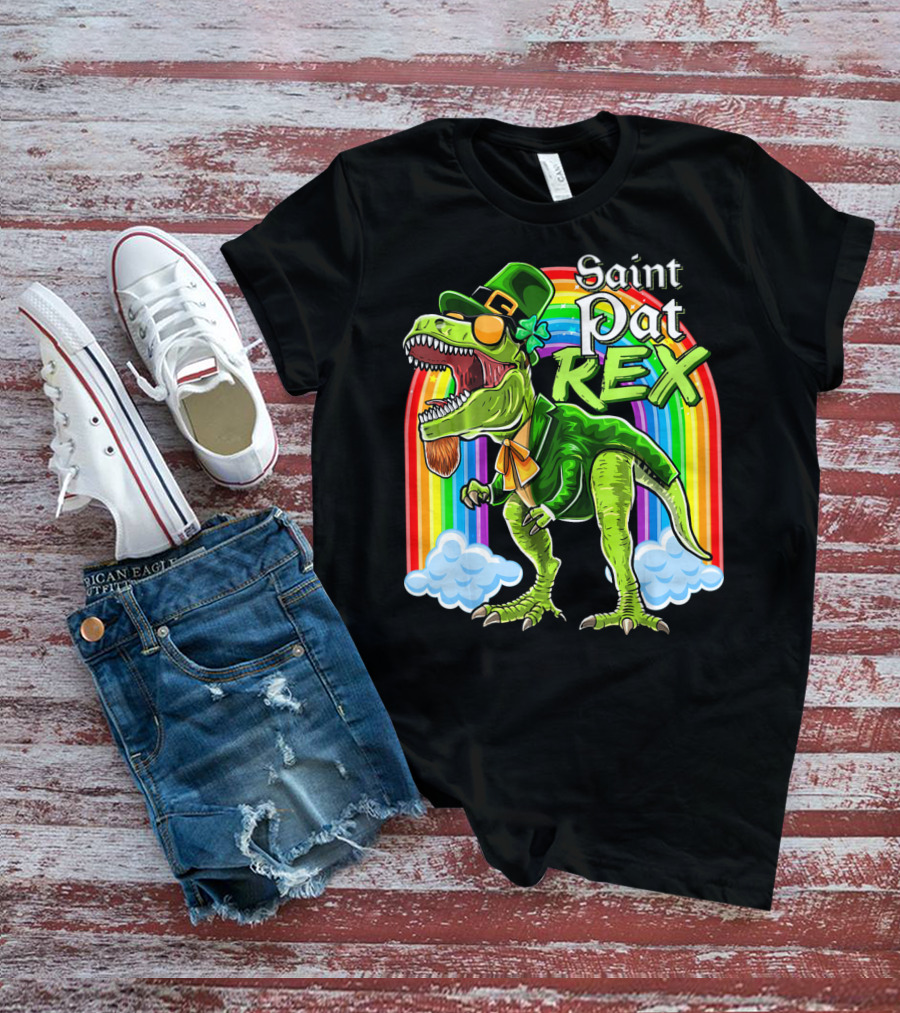 Saint Pat Rex Dinosaur Leprechaun Rainbow T-Shirt