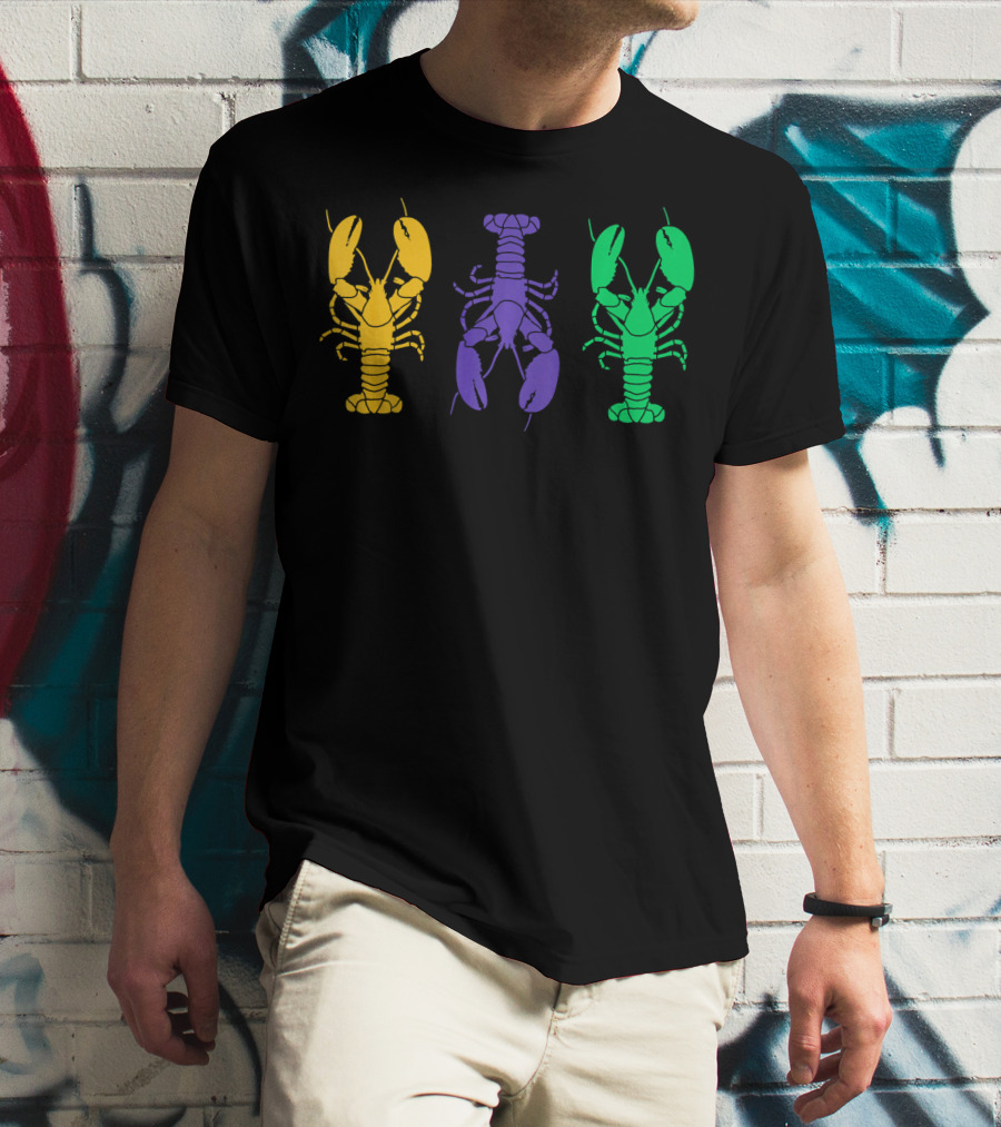 Mardi Gras Yellow Purple Green Crayfish Lobsters T-Shirt