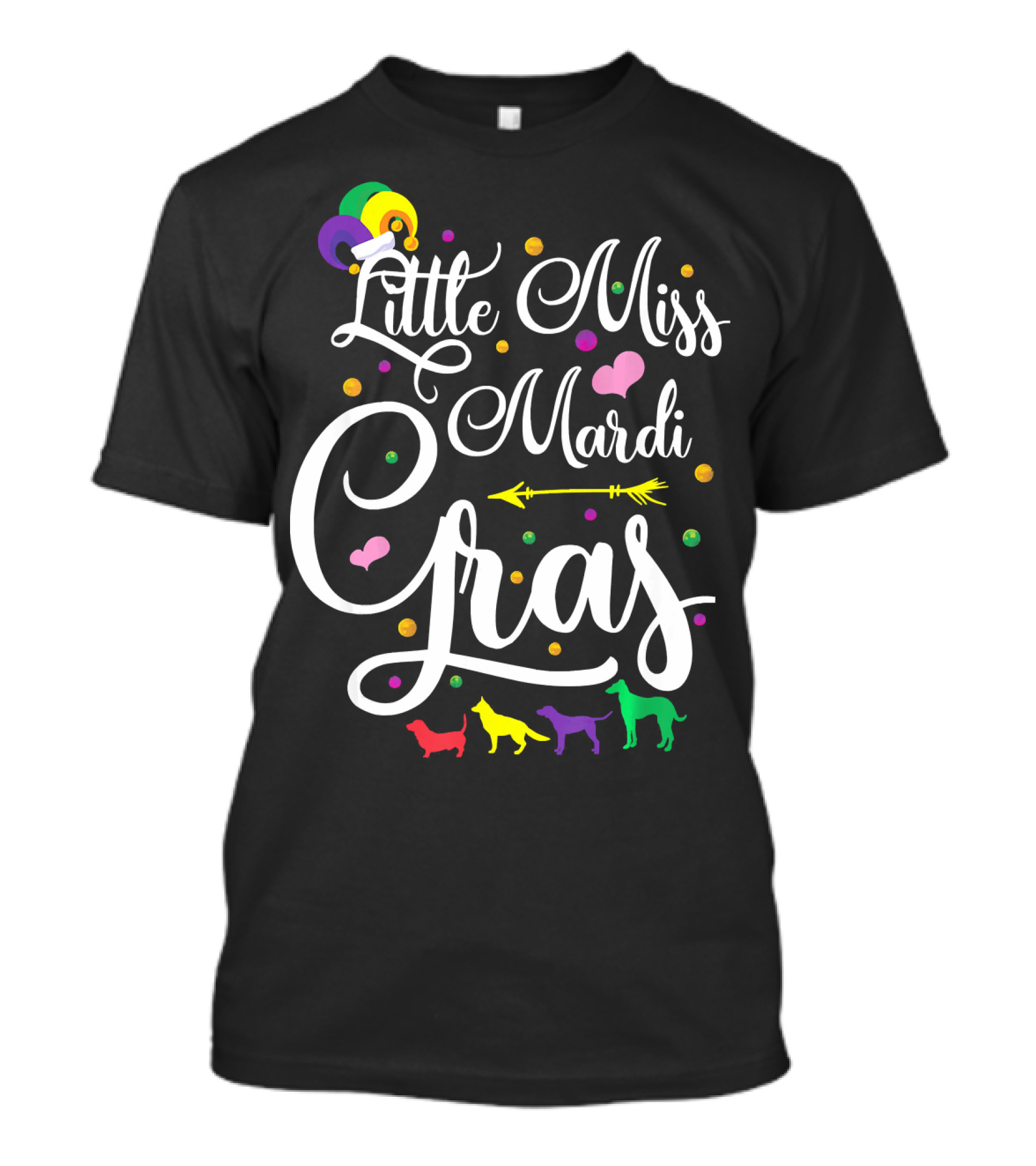 Little Miss Mardi Gras Dogs Hearts Beads Arrow Text T-Shirt