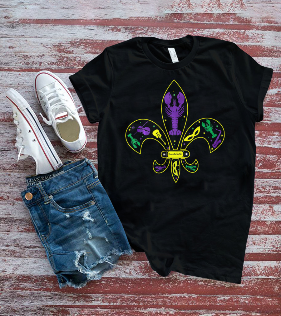Mardi Gras Bourbon St Fleur-de-Lis Crawfish Violin Mask Skeleton T-Shirt