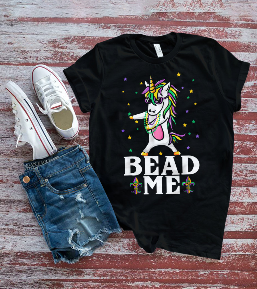 Mardi Gras Unicorn Dabbing Bead Me Stars And Fleur-de-Lis T-Shirt
