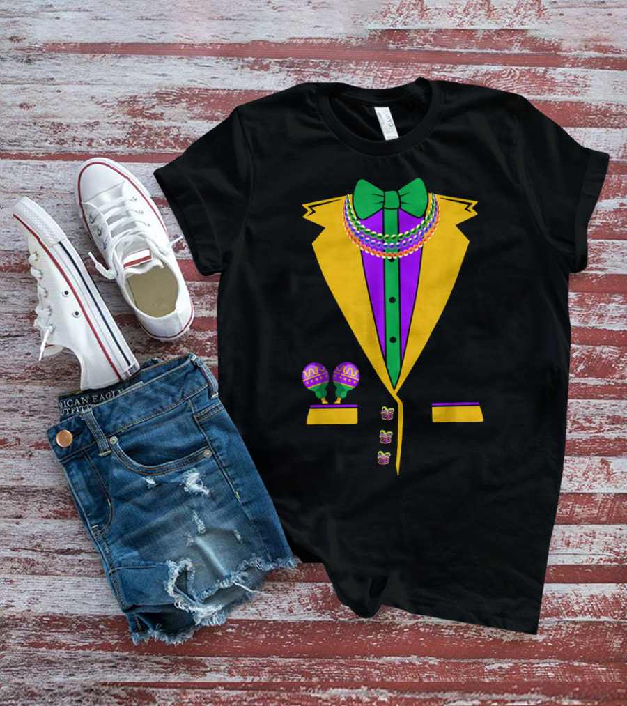 Tuxedo Vest Mardi Gras Beads Bowtie Maracas Costume T-Shirt