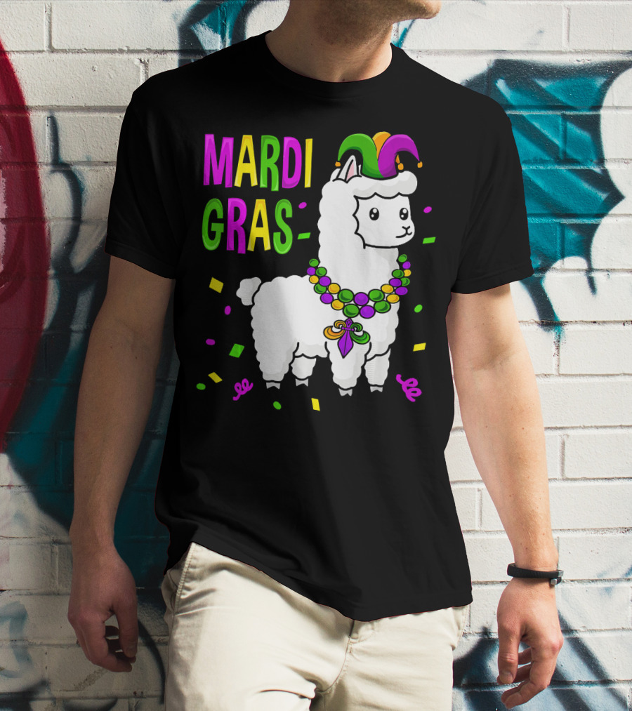 Mardi Gras Llama Jester New Orleans Beads Confetti T-Shirt