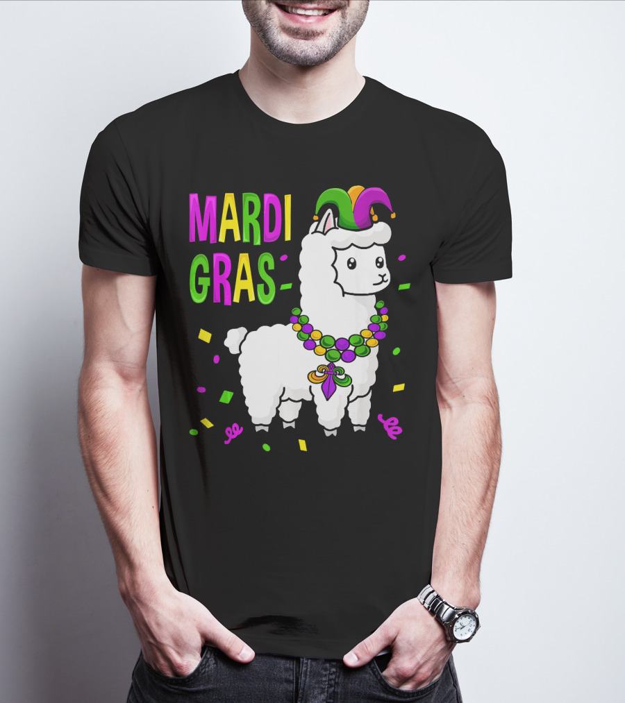 Mardi Gras Llama Jester New Orleans Beads Confetti T-Shirt