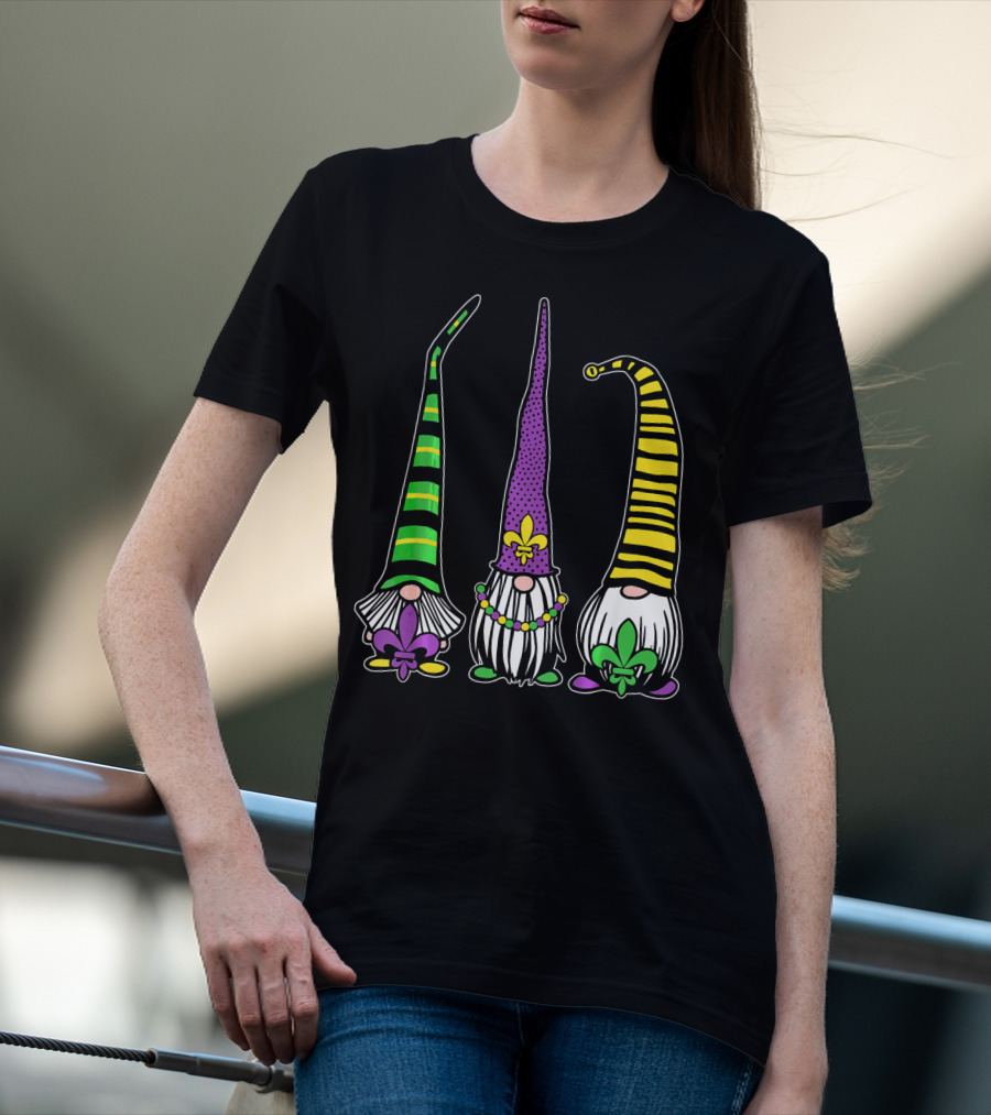 Cute Gnomes Mardi Gras Tuesday Gnome Bea Festival Fleur De Lis T-Shirt