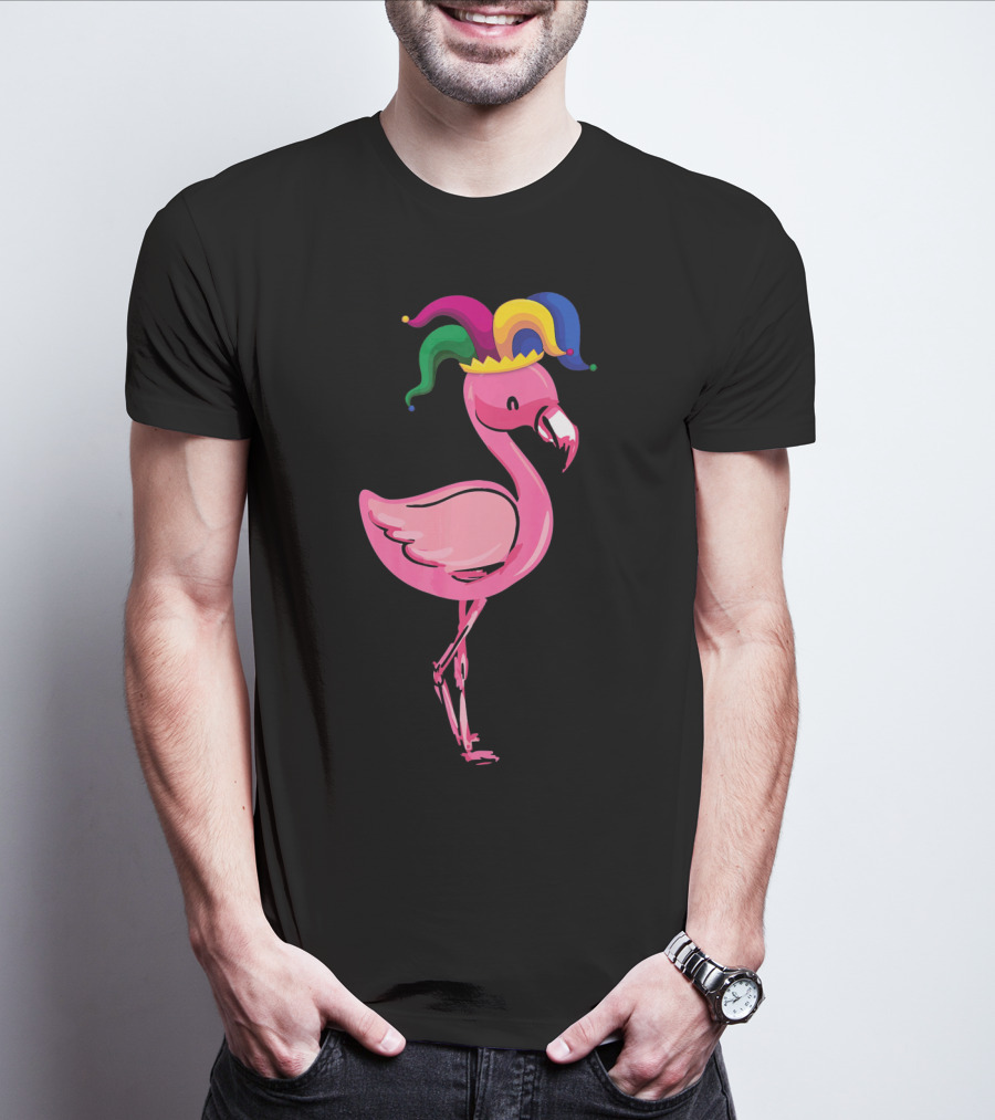 Flamingo With Jester Hat Mardi Gras Costume T-Shirt