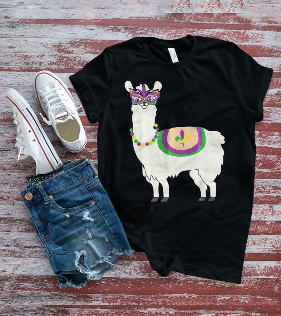 Mardi Gras Llama With Fleur-de-Lis Beads And Mask For Funny Carnival Party T-Shirt