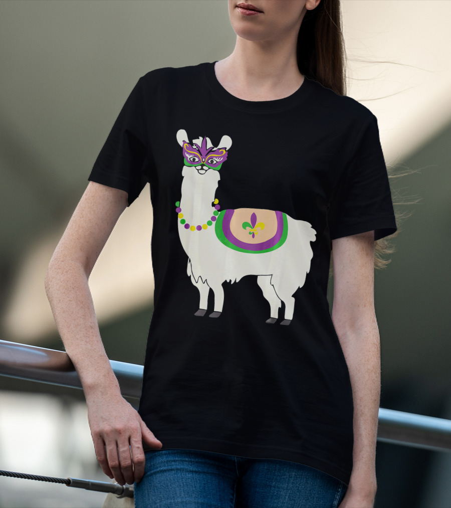 Mardi Gras Llama With Fleur-de-Lis Beads And Mask For Funny Carnival Party T-Shirt