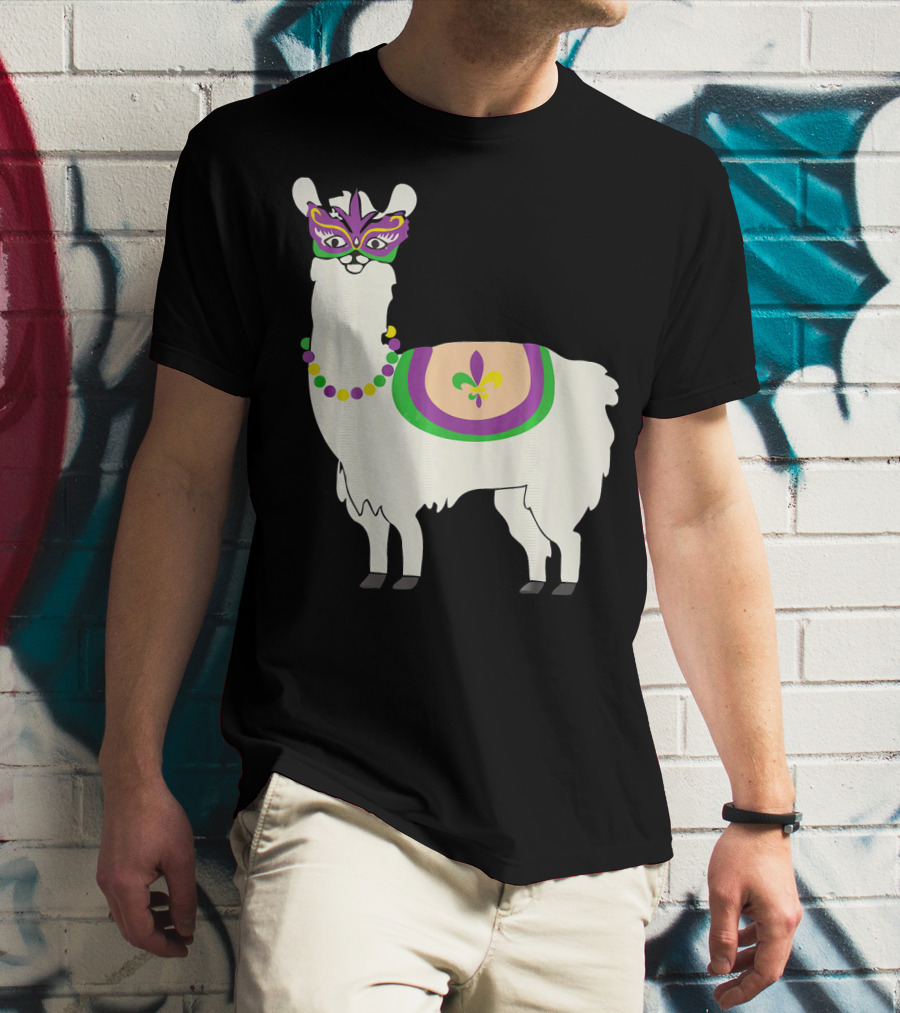 Mardi Gras Llama With Fleur-de-Lis Beads And Mask For Funny Carnival Party T-Shirt