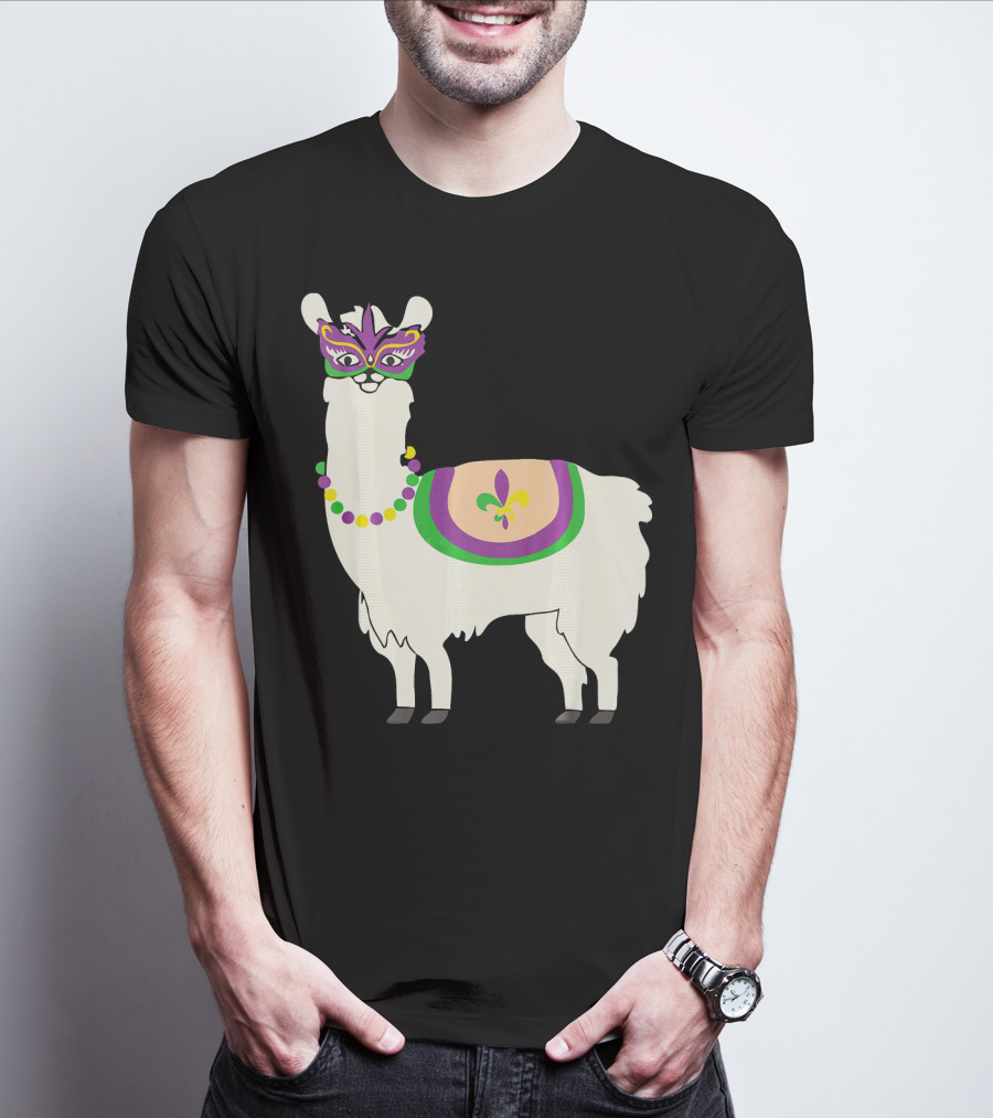 Mardi Gras Llama With Fleur-de-Lis Beads And Mask For Funny Carnival Party T-Shirt