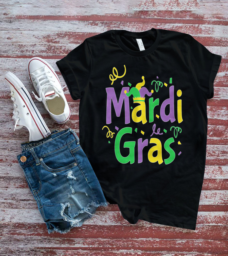 Mardi Gras Party Colorful Celebration With Jester Hat And Confetti T-Shirt