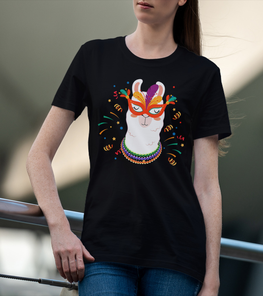 Llama Mardi Gras Mask Beads Festive T-Shirt