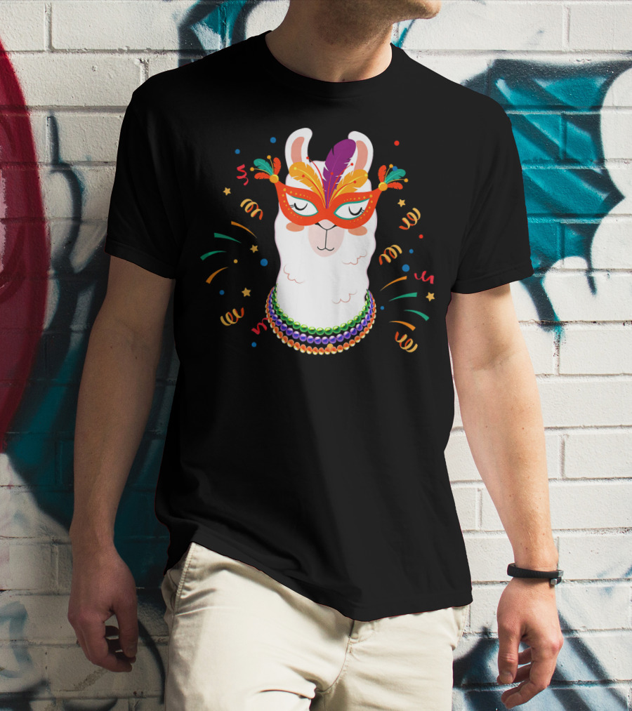 Llama Mardi Gras Mask Beads Festive T-Shirt