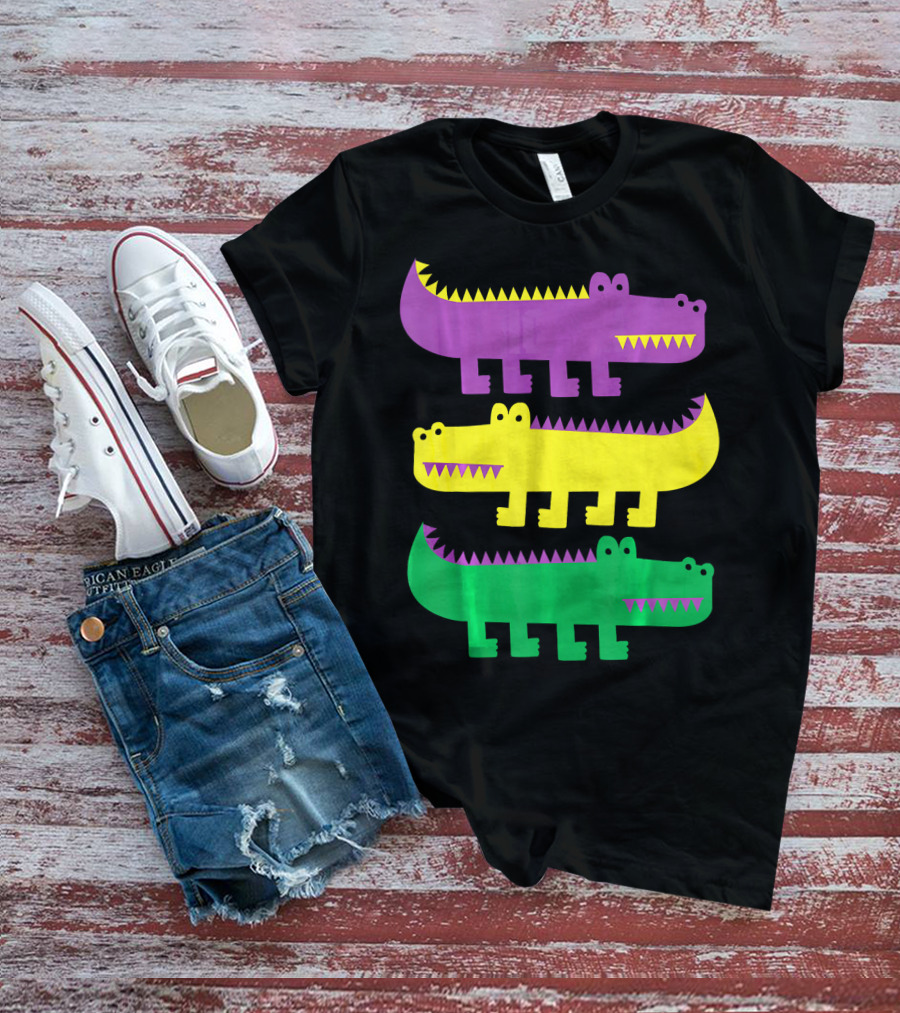Mardi Gras Happy Alligator Crocodile Fun Purple Yellow Green Trio T-Shirt