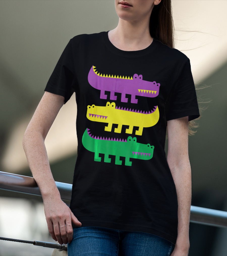 Mardi Gras Happy Alligator Crocodile Fun Purple Yellow Green Trio T-Shirt