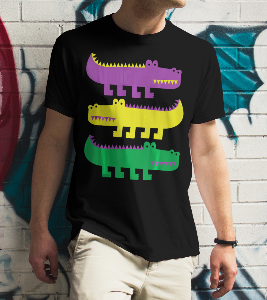 Mardi Gras Happy Alligator Crocodile Fun Purple Yellow Green Trio T-Shirt