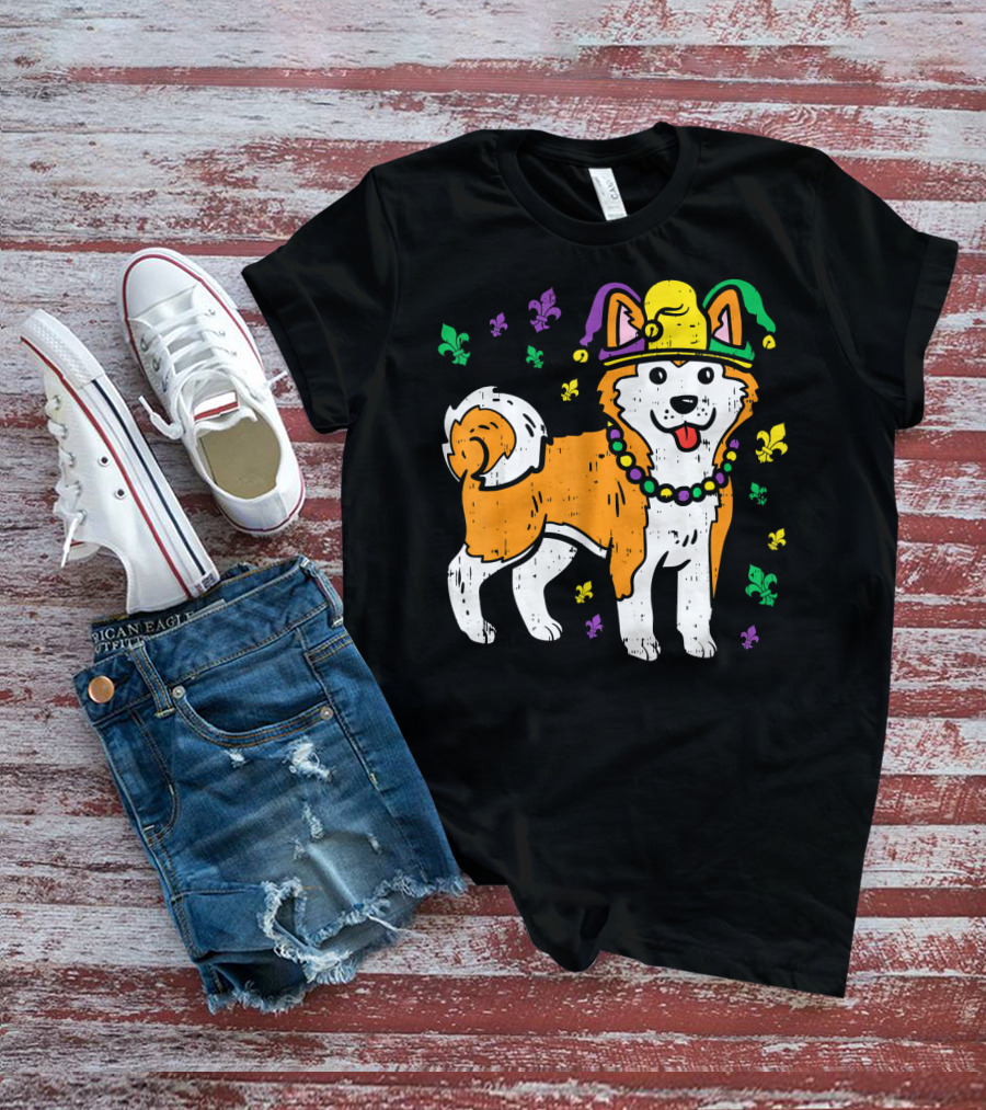 Jester Shiba Inu Akita Japanese Dog Mardi Gras Fleur-de-Lis T-Shirt
