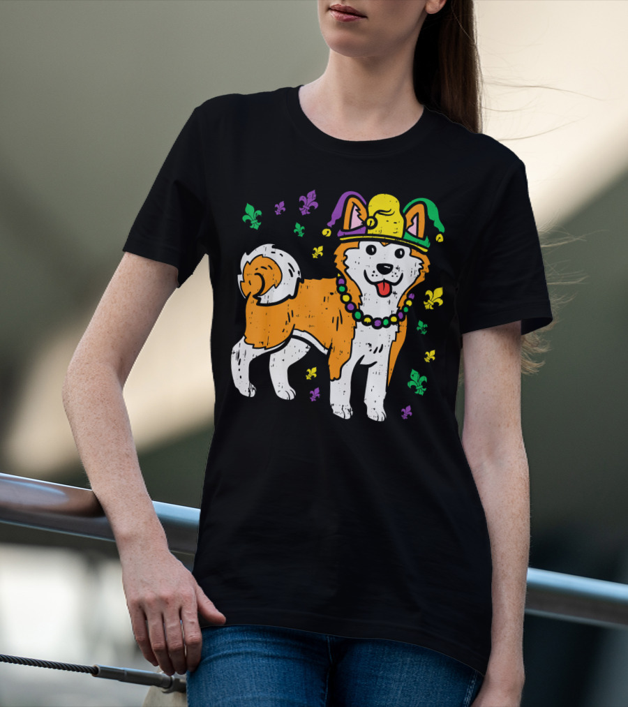 Jester Shiba Inu Akita Japanese Dog Mardi Gras Fleur-de-Lis T-Shirt