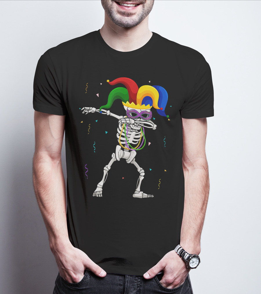 Skeleton Mardi Gras Jester Mask Dabbing With Beads And Confetti T-Shirt