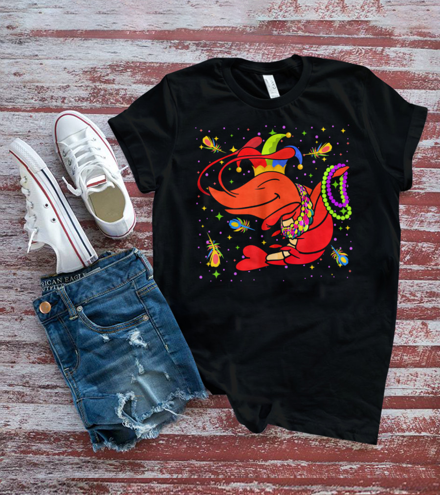 Dabbing Crawfish With Beads And Jester Hat Mardi Gras T-Shirt
