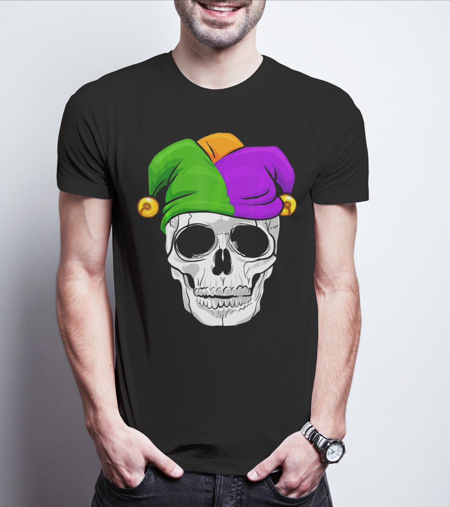 Mardi Gras New Orleans Skull With Colorful Jester Hat T-Shirt