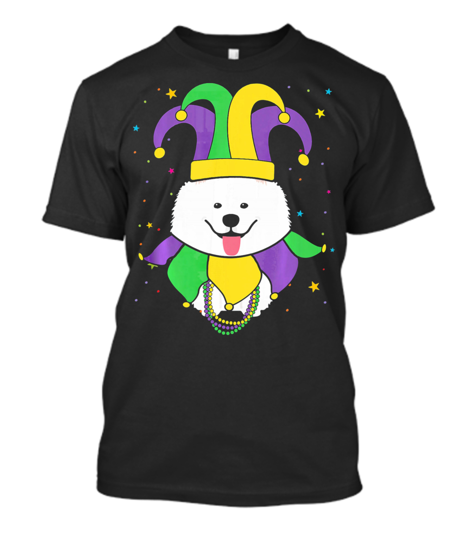 Funny Samoyed With Jester Hat And Mardi Gras Colors T-Shirt