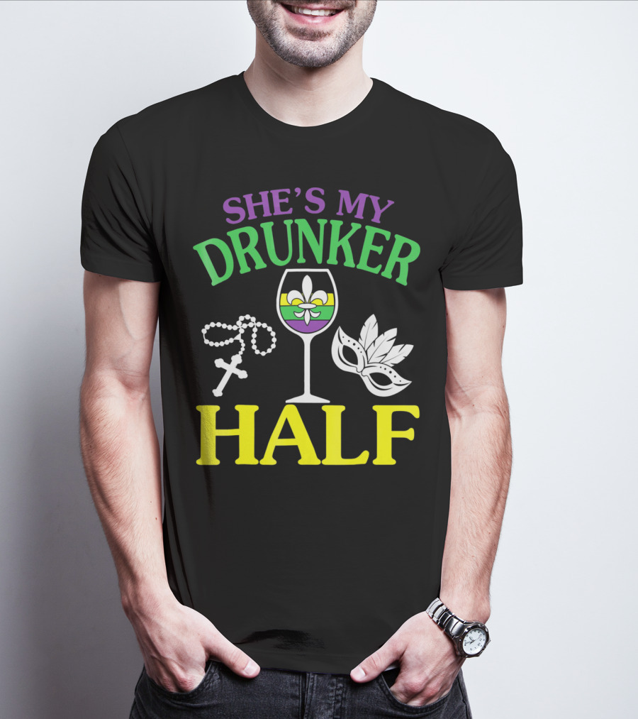 SHE'S MY DRUNKER HALF Fleur-de-Lis Wine Glass Beads Mask T-Shirt