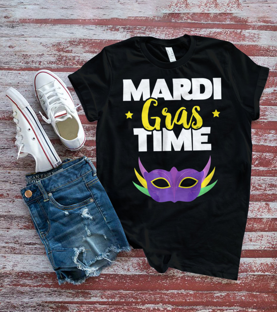 Mardi Gras Time Mask With Stars And Purple Yellow Green Elements T-Shirt
