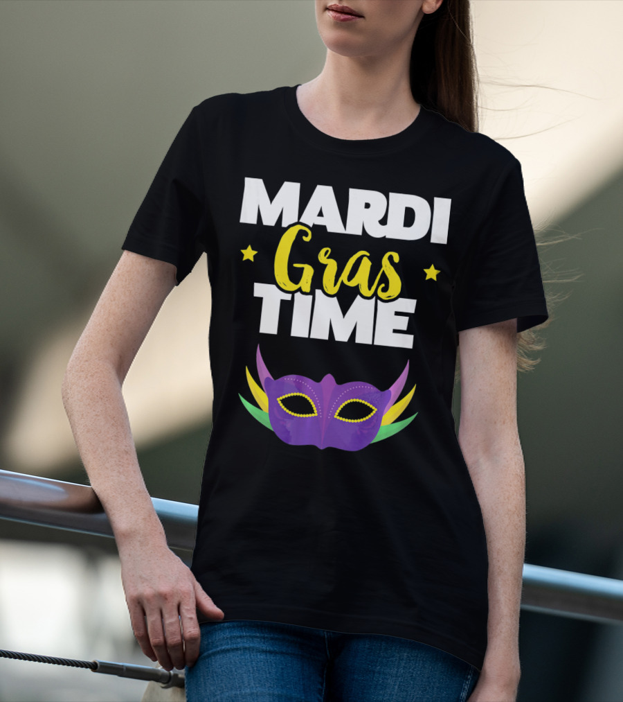 Mardi Gras Time Mask With Stars And Purple Yellow Green Elements T-Shirt