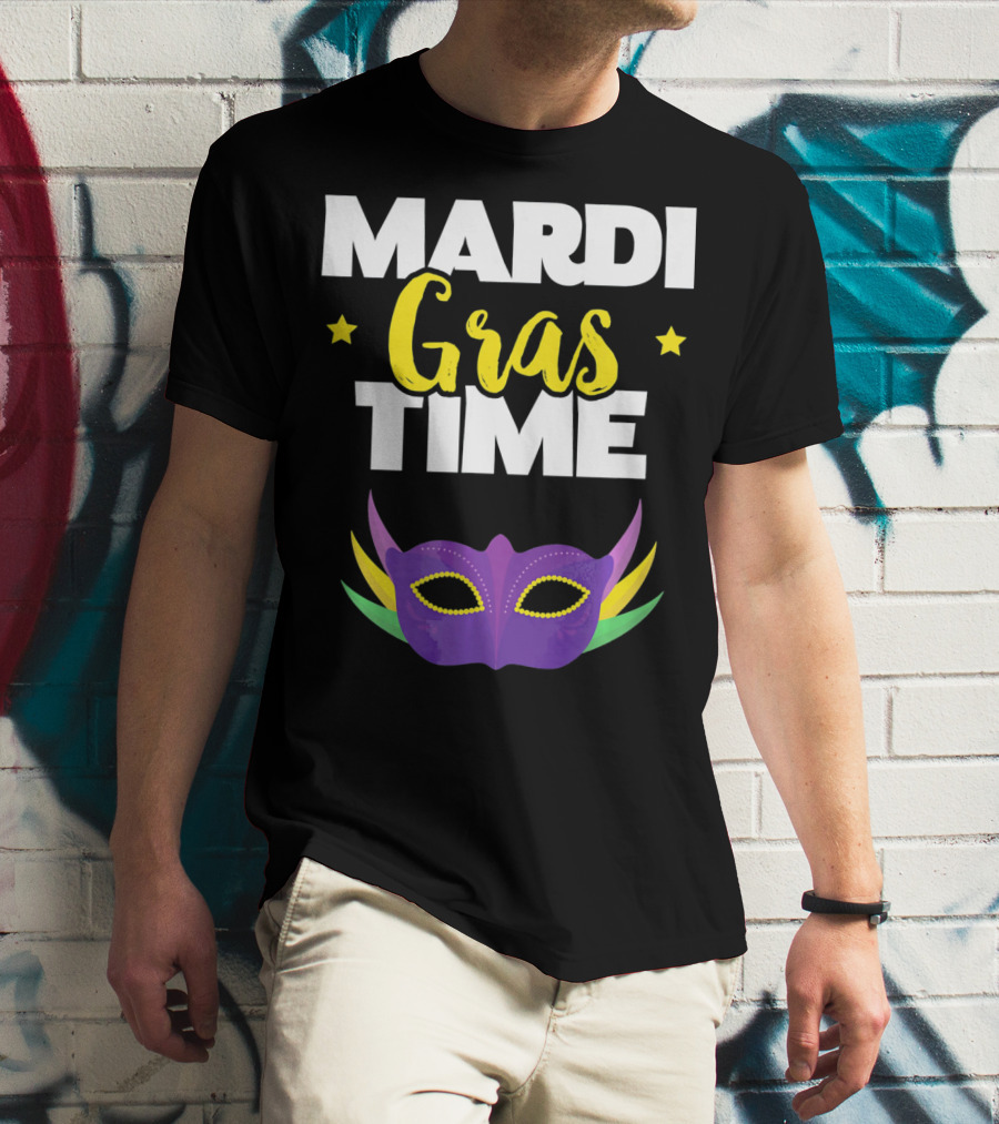 Mardi Gras Time Mask With Stars And Purple Yellow Green Elements T-Shirt