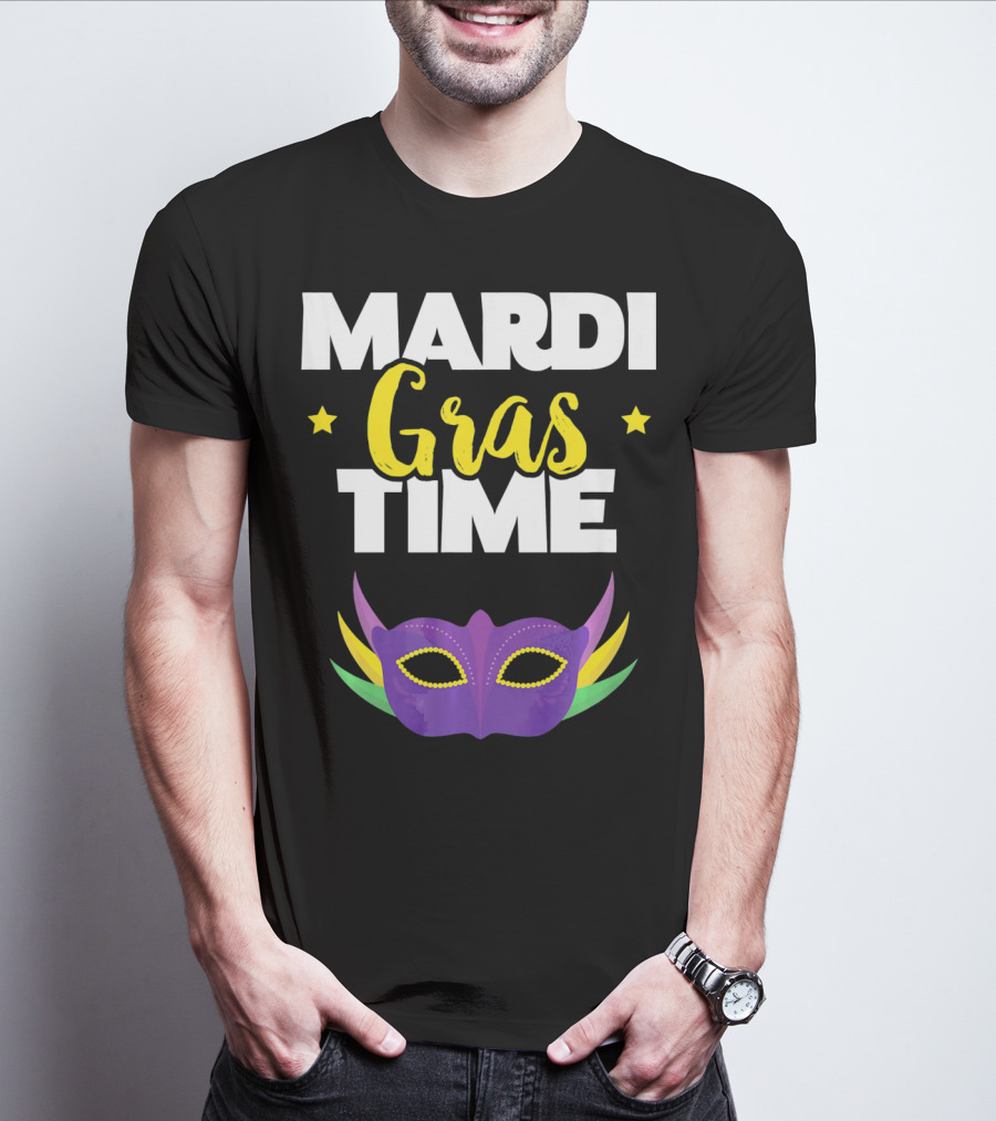 Mardi Gras Time Mask With Stars And Purple Yellow Green Elements T-Shirt
