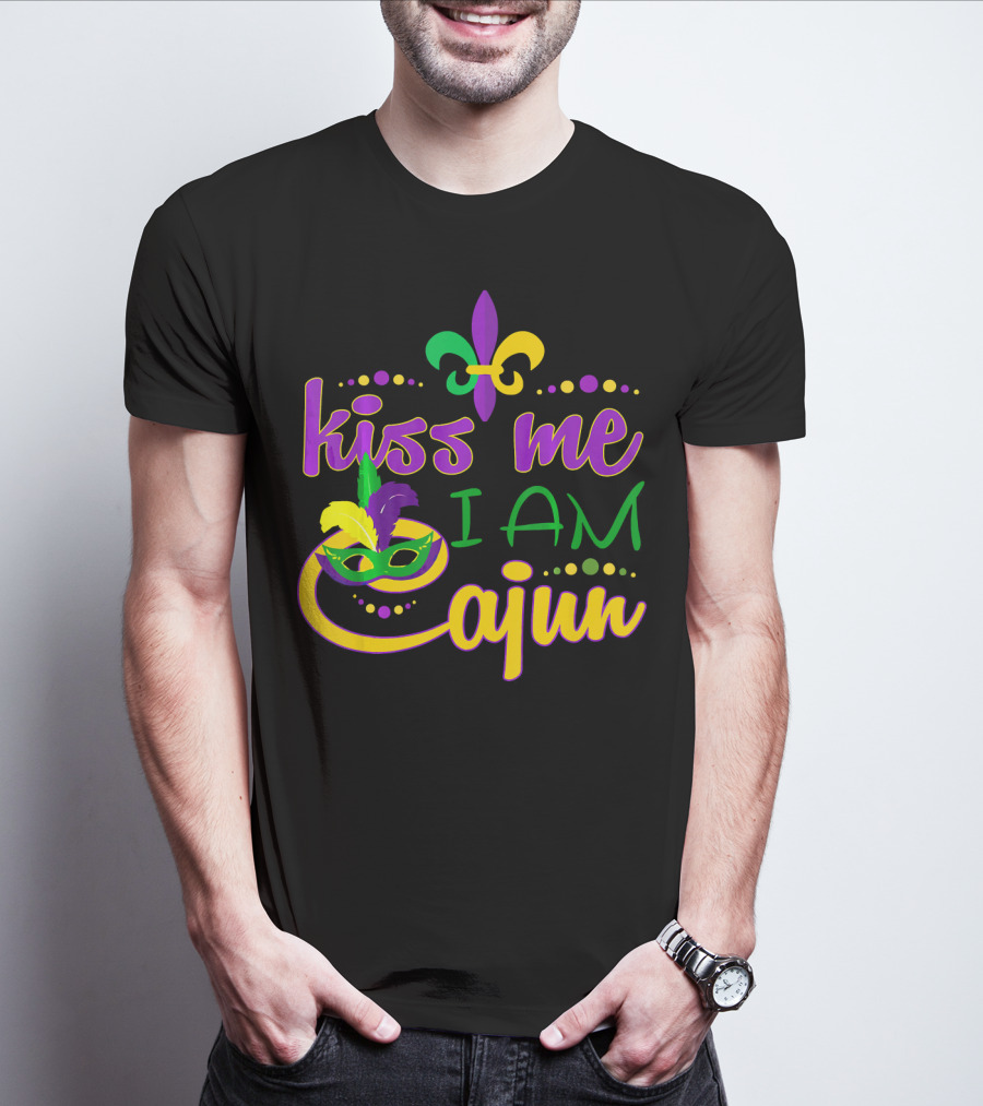 Kiss Me I Am Cajun Mardi Gras Mask Fleur De Lis T-Shirt
