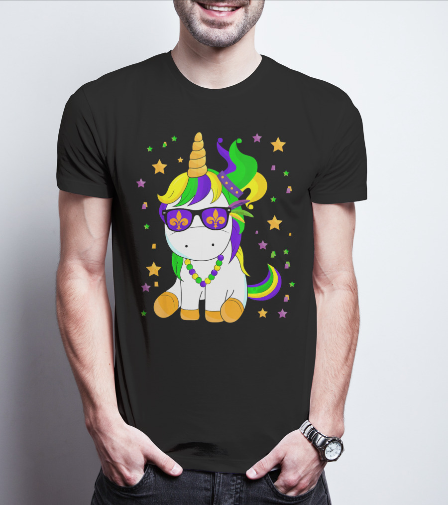 Mardi Gras Unicorn Kid Carnival Stars Fleur-de-Lis Beads T-Shirt