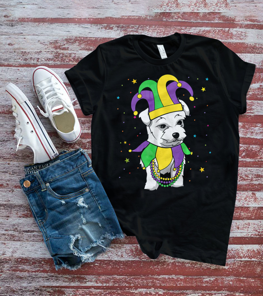 Havanese Dog Jester Hat Mardi Gras Beads Funny Stars T-Shirt