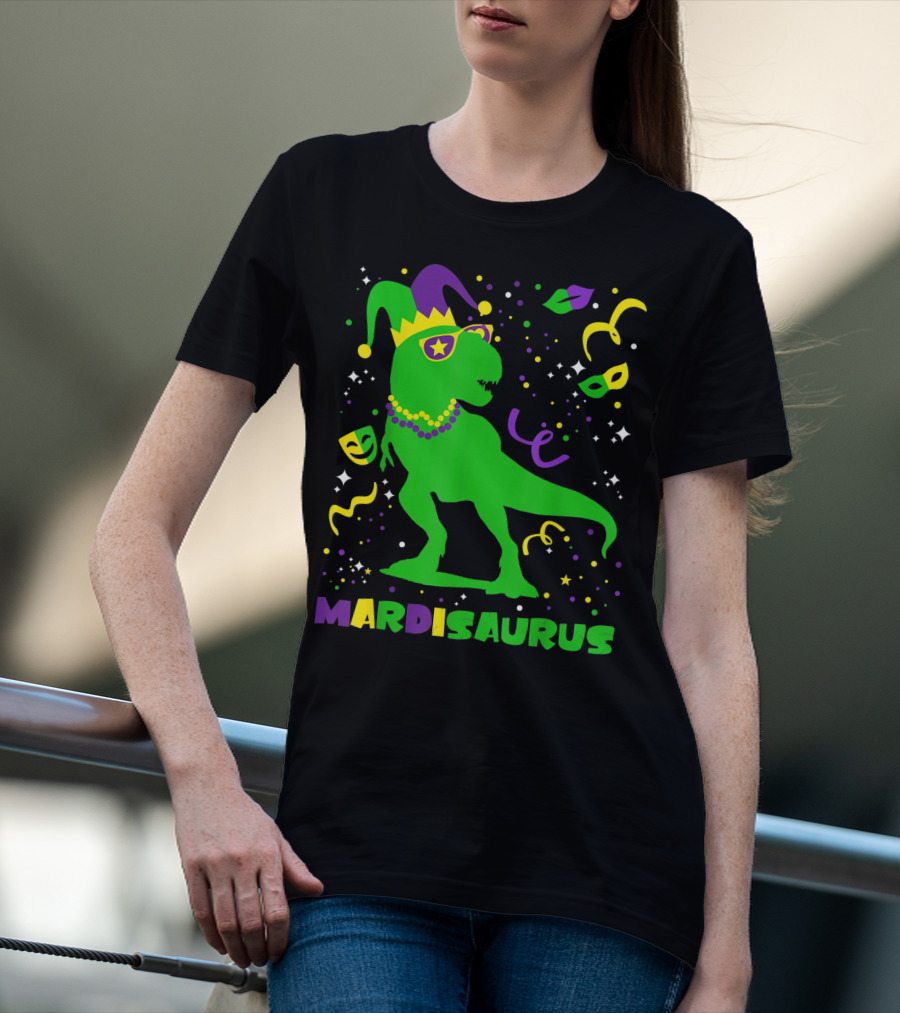 Mardi Gras Dinosaur Mardisaurus Jester Hat Beads Masks Party T-Shirt