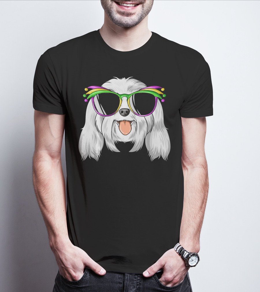 Maltese Dog With Mardi Gras Carnival Mask And Sunglasses T-Shirt
