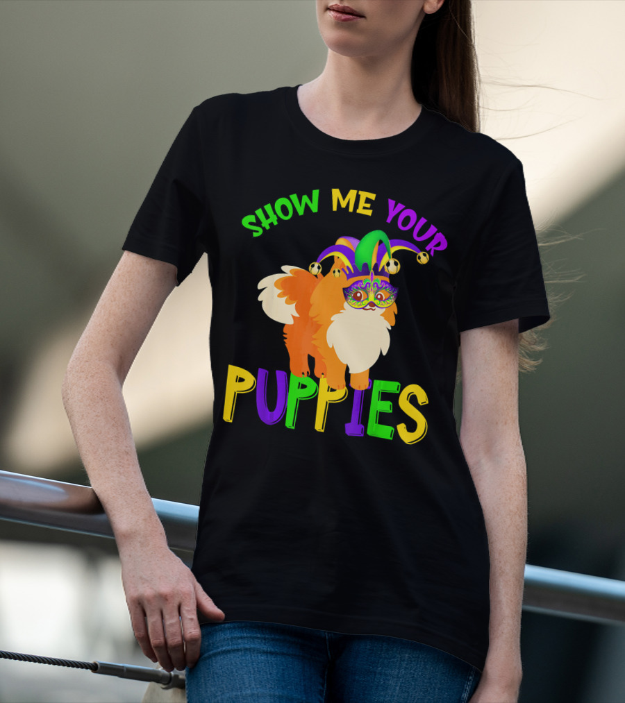 Show Me Your Puppies Pomeranian Jester Mask Colorful Fun T-Shirt
