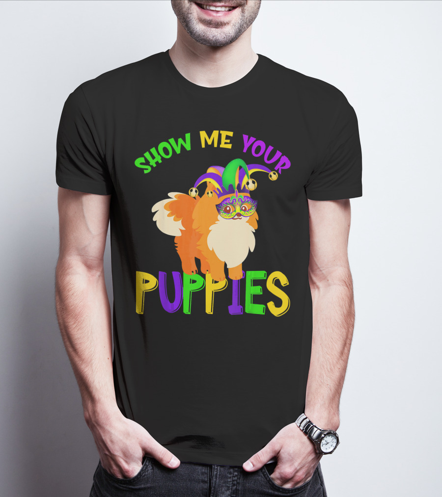 Show Me Your Puppies Pomeranian Jester Mask Colorful Fun T-Shirt