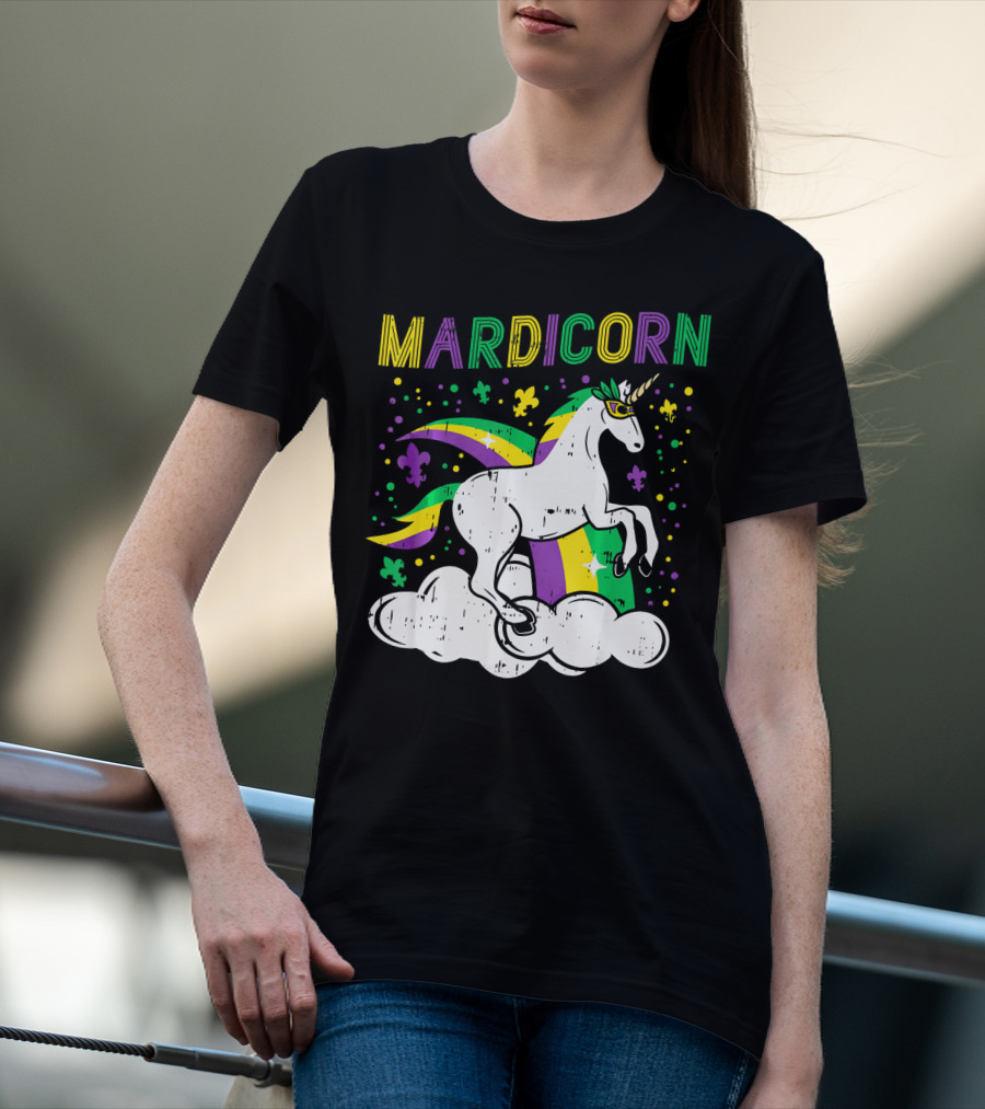 Mardicorn Retro Unicorn Jester Animal Mardi Gras Fleur-de-Lis Clouds T-Shirt