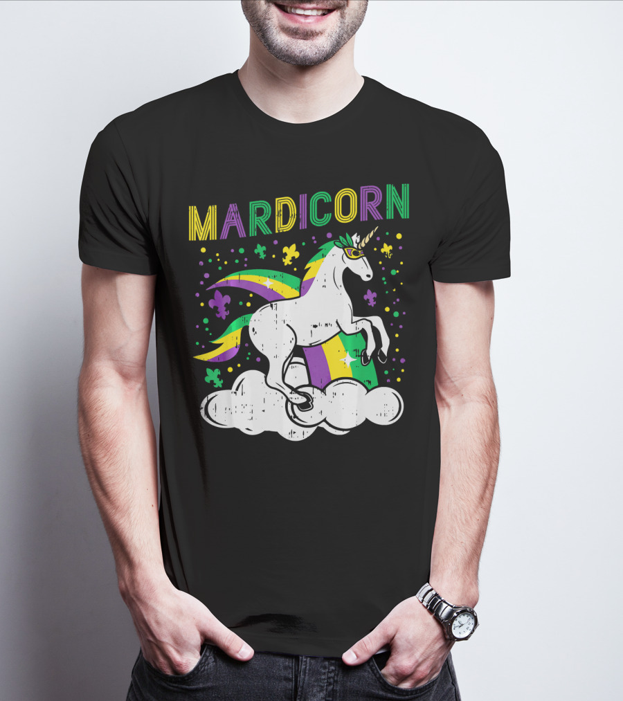 Mardicorn Retro Unicorn Jester Animal Mardi Gras Fleur-de-Lis Clouds T-Shirt