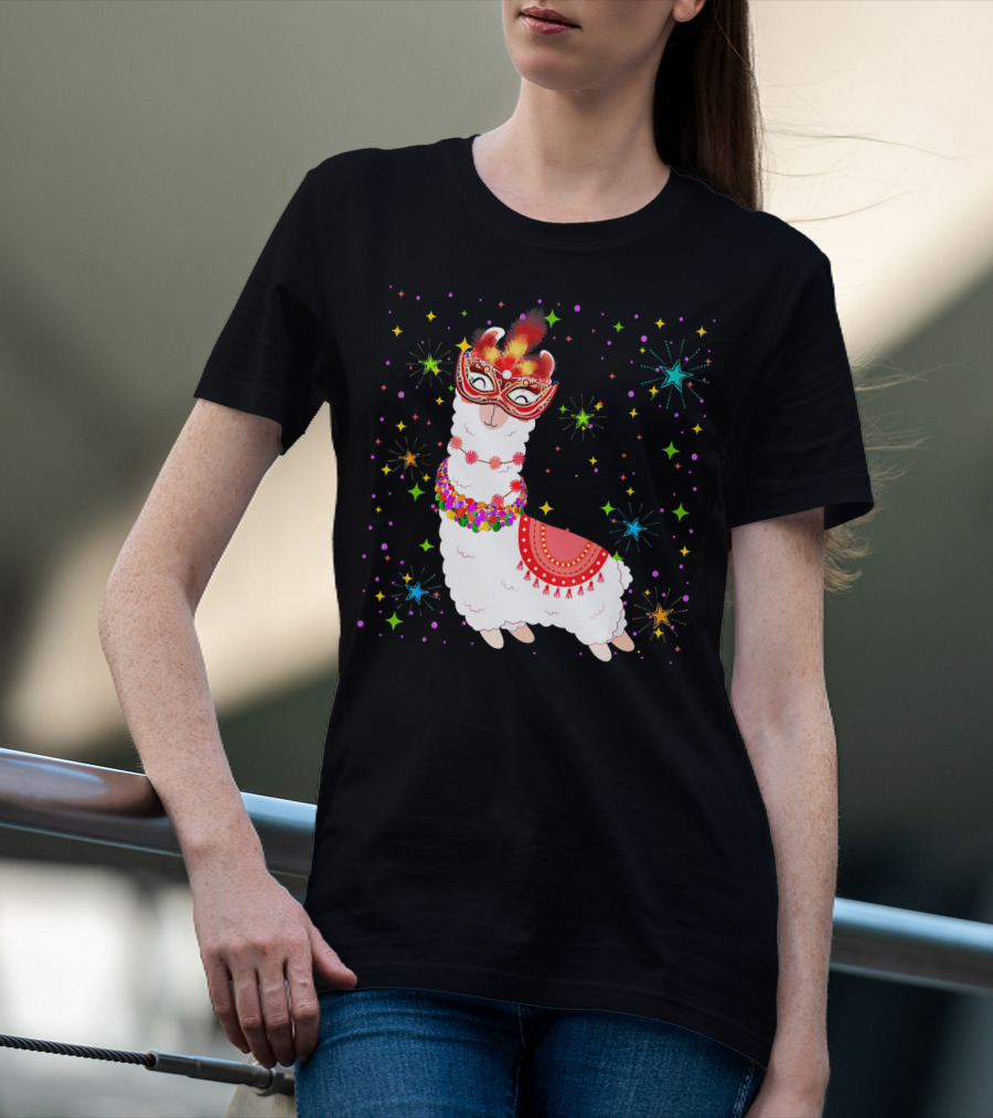 Llama Mardi Gras Mask Beads Colorful Festive Stars T-Shirt
