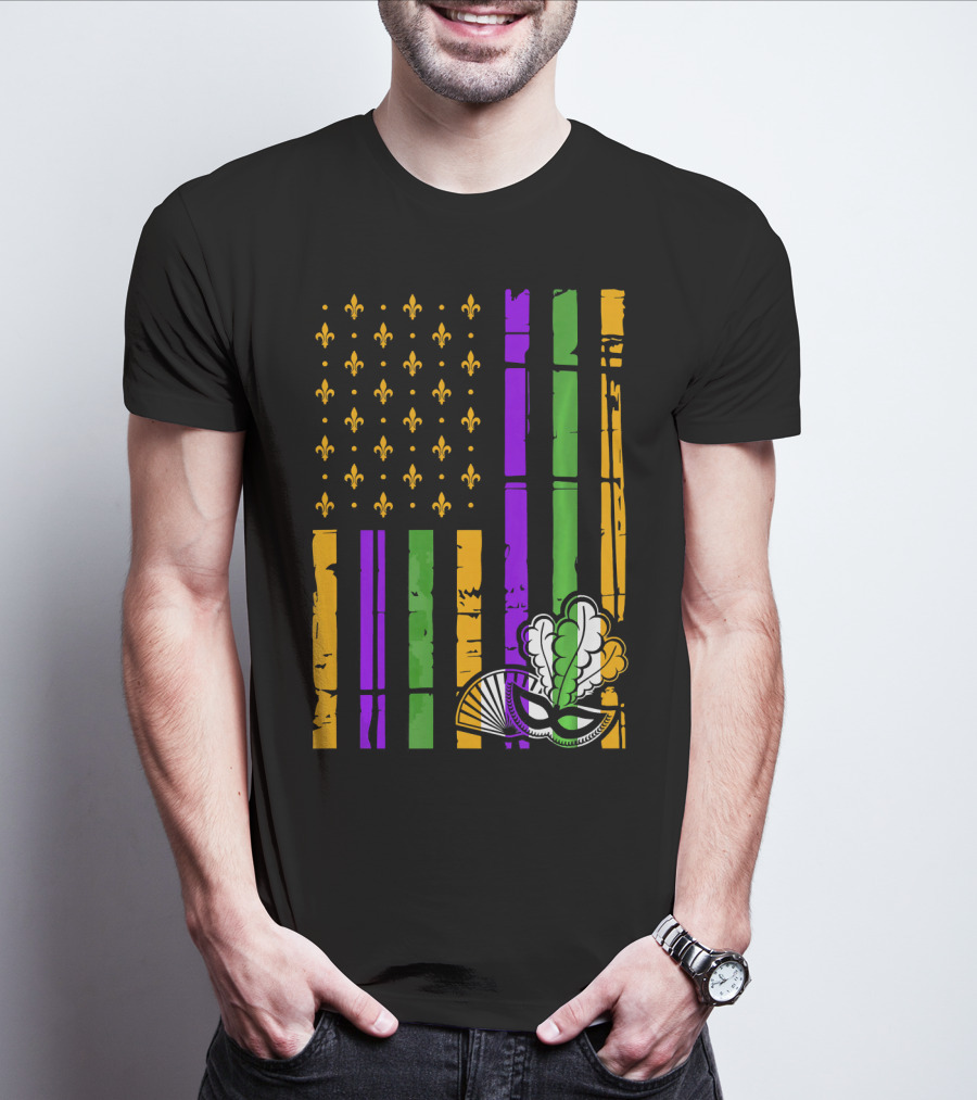 US Mardi Gras Celebration Flag Fleur De Lis Mask T-Shirt