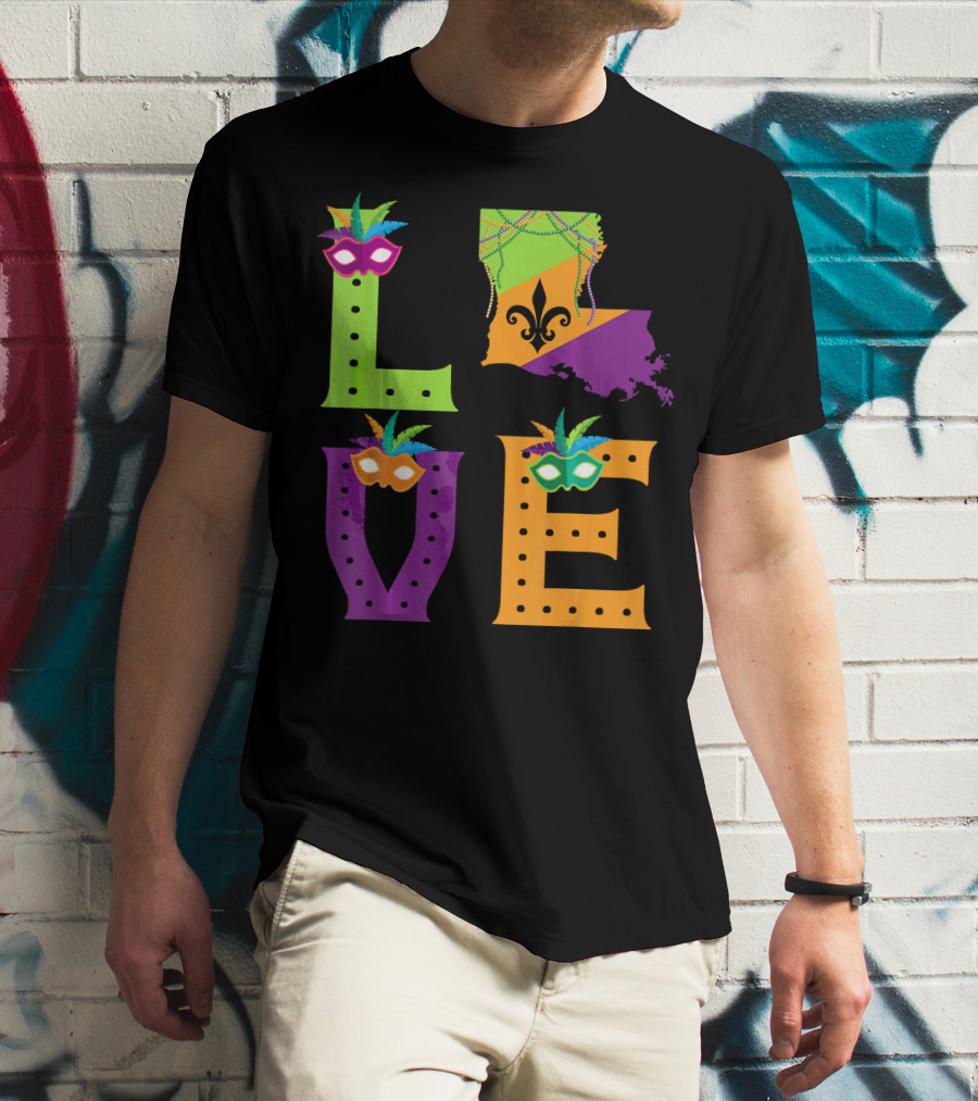 Love Mardi Gras Louisiana Fleur-de-lis Mask Beads T-Shirt