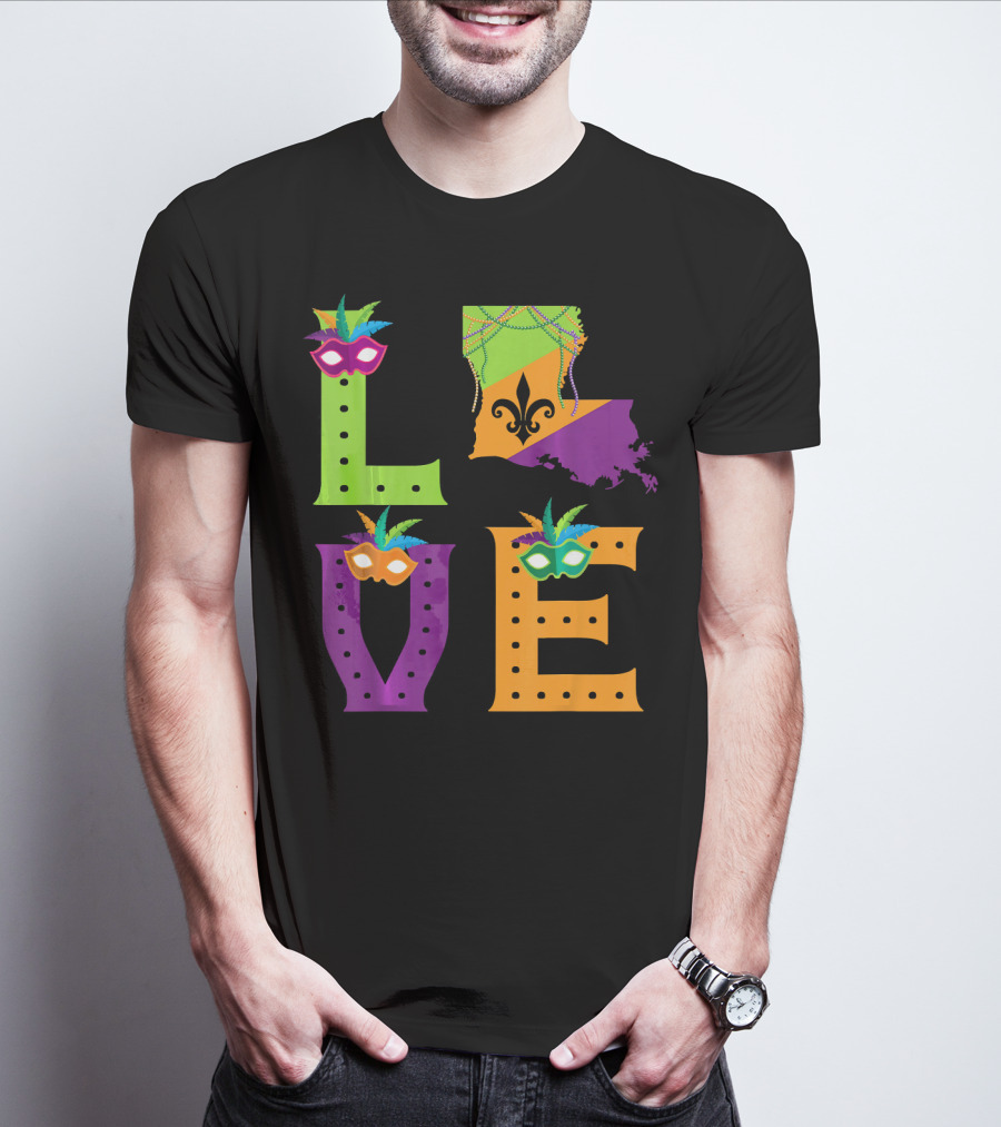 Love Mardi Gras Louisiana Fleur-de-lis Mask Beads T-Shirt