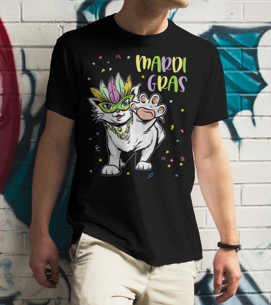Mardi Gras Masked Cat Dancing With Beads And Confetti T-Shirt