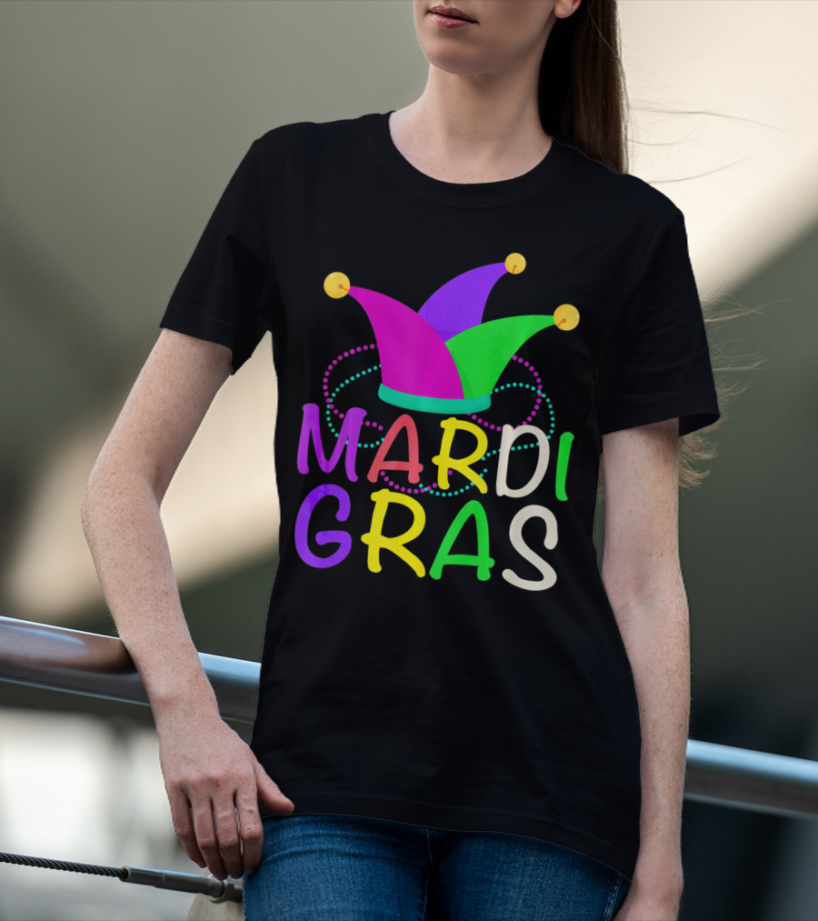Mardi Gras Jester Hat Colorful Beads T-Shirt