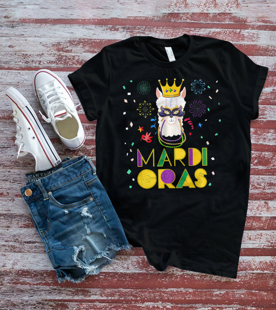 Mardi Gras Llama Alpaca Crowns Beads Fun Mask Fireworks T-Shirt
