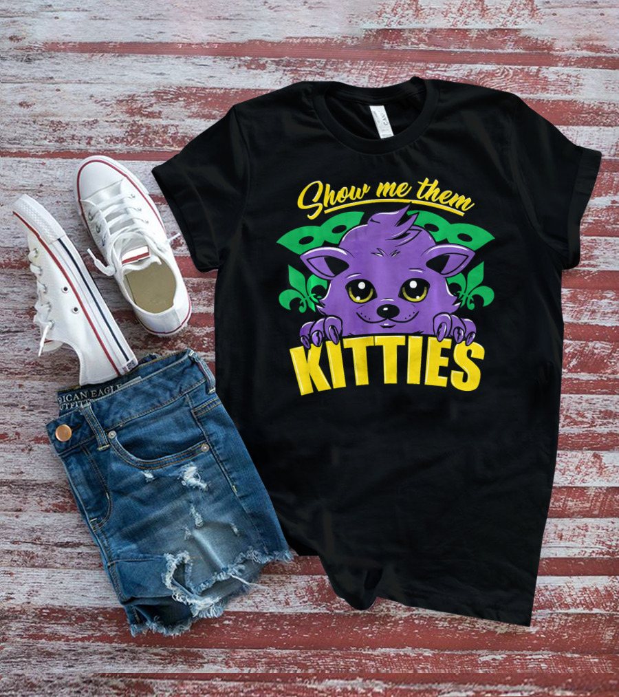 Show Me Them Kitties Mardi Gras Mask Purple Cat Fleur-de-Lis T-Shirt