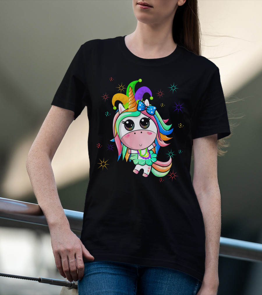 Mardi Gras Unicorn With Colorful Beads And Jester Hat T-Shirt