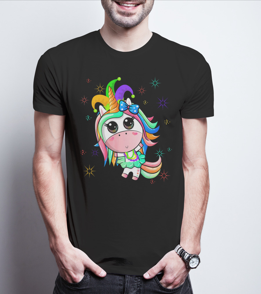 Mardi Gras Unicorn With Colorful Beads And Jester Hat T-Shirt